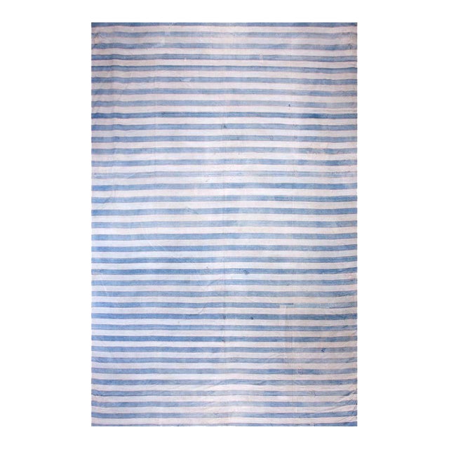 1930s Blue White Stripe Antique Indian Cotton Dhurrie Carpet 12' X 18' 6" Flatweave Wool Rug For Sale
