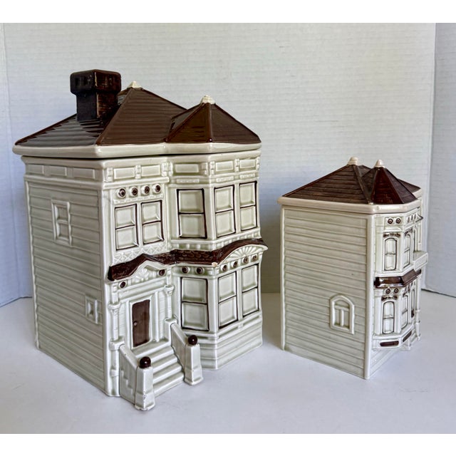 1970s 1979-80 Otagiri Ceramic San Francisco Victorian House Canisters Cookie Jars - Set of 2 For Sale - Image 5 of 15