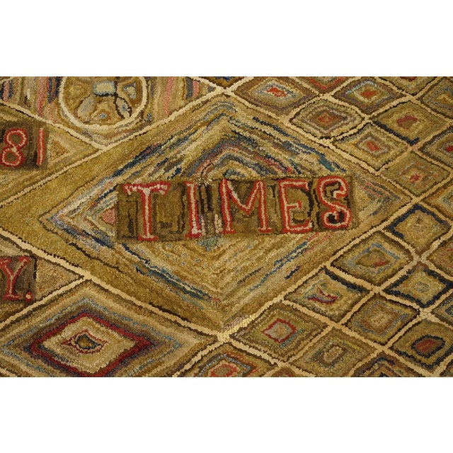 1870s Brown Geometric Folk Art Antique American Hooked Rug 3'1" X 6'1" Inscription Wool Carpet For Sale In New York - Image 6 of 11