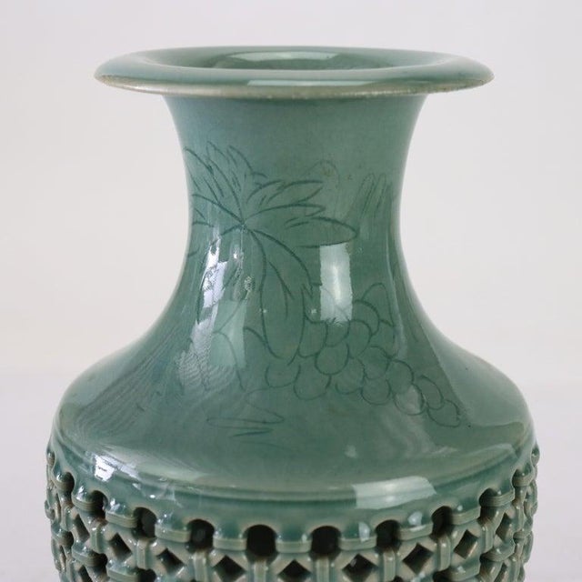 Japanese Antique Japanese Reticulated Celadon Pottery Vase Signed C1920 For Sale - Image 3 of 6