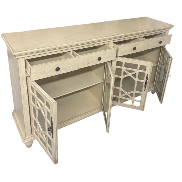 Country Chic Four-Door Lattice Sideboard in Distressed Antique White For Sale - Image 4 of 6