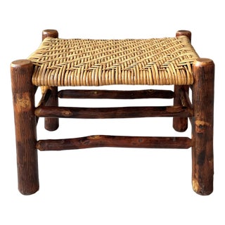 Rustic Chic Mid 20th-Century Hickory Wood & Handwoven Double Twill Plaited Cane Bench For Sale