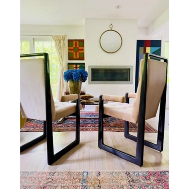 Light Pink Vladimir Kagan Pair of 1973 Nobadeer Armchairs in Black Lacquered Wood and Velvet, Signed For Sale - Image 8 of 9