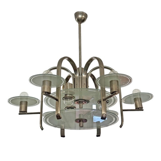 Vintage Bohemian Bauhaus Nickel Chandelier, 1932 For Sale