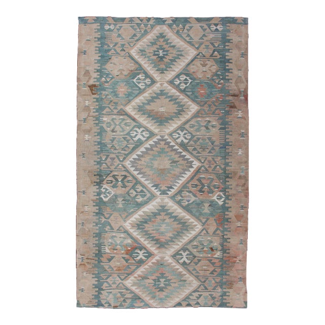 Vintage Turkish Kilim Rug in Soft Blue, Beige, and Muted Coral Geometric Design For Sale