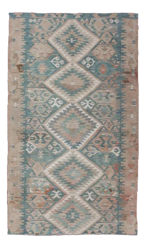 Vintage Turkish Kilim Rug in Soft Blue, Beige, and Muted Coral Geometric Design