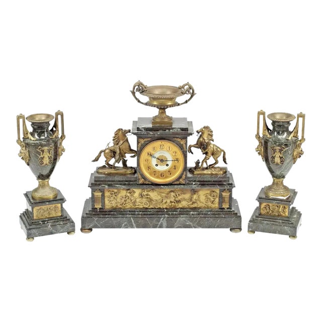 1800's Antique French Napoleon Iii, Marble, Mantel, Clock & Garnitures, Set of 3 For Sale