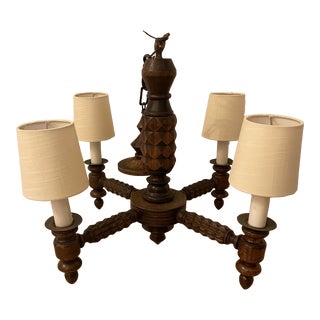 Vintage 1950s Coastal Wood Chandelier 4 Lights With Shades For Sale