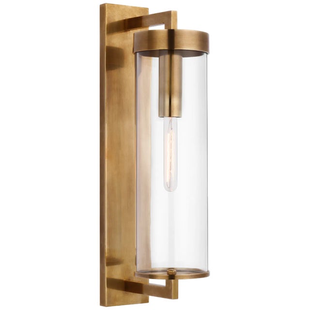 Modern Kelly Wearstler for Visual Comfort Signature Liaison Large Bracketed Outdoor Wall Sconce in Antique-Burnished Brass with Clear Glass For Sale - Image 3 of 3