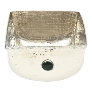 Vintage Hand Hammered Silver-Plate Large Square Bowl With Four Glass Stones of Dark Green and Dark Blue For Sale