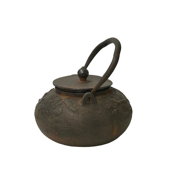 Metal Vintage Rustic Mixed Iron Relief Cranes Motif Teapot Shape Display Art For Sale - Image 7 of 11