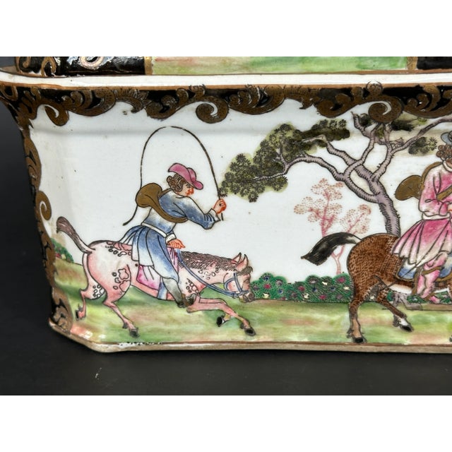 Black Antique Chinese Porcelain Tureen Box With Hunting Scene and Dogs For Sale - Image 8 of 12