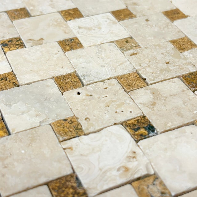 Mediterranean Angers Travertine Polished Dropset Mosaic With Gold Travertine Dots For Sale - Image 3 of 4