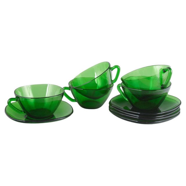 Green Glass Tea Cups with Matching Saucers from Vereco, 1980s, Set of 10 For Sale - Image 6 of 6