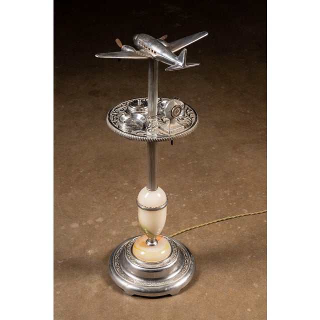 Art Deco Vintage Chrome Airplane Smoking Stand With Marbled Glass Lamp Base For Sale - Image 3 of 9