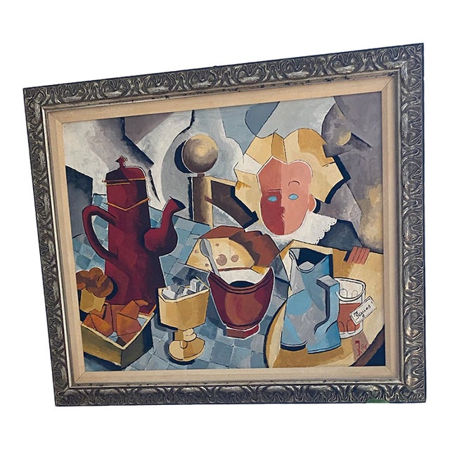 1990s Large Original Signed Oil Painting — Post-Cubist Figural Still Life — Ornate Silver Frame For Sale