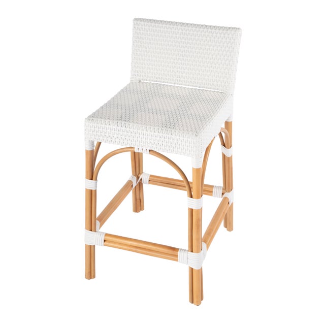Serienna 24.5 in. Seat Height Rectangular Rattan Low Back Counter Stool, White For Sale - Image 9 of 9