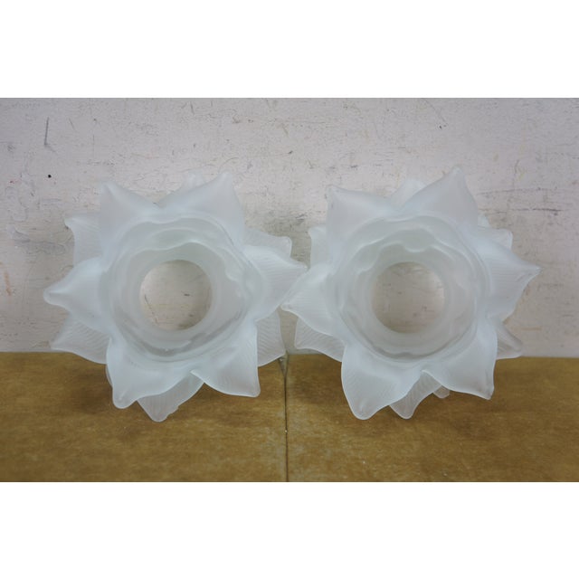 Antique Frosted Satin Glass Rose Flower Chandelier Lamp Shades 6" - a Pair For Sale - Image 9 of 10