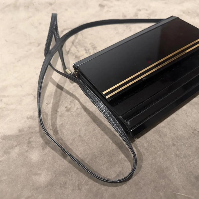 1970s Black Rodoide, Brass and Leather Italian Evening Bag For Sale - Image 12 of 15