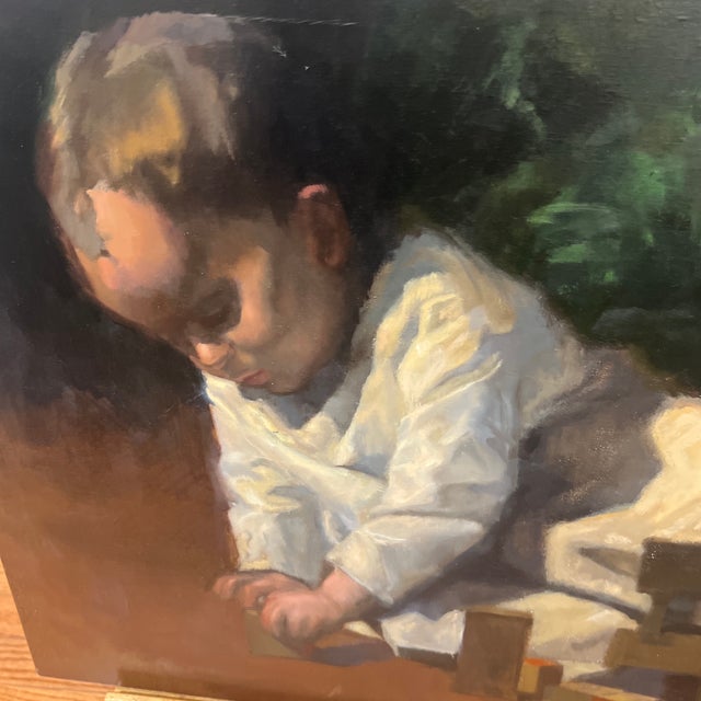 1980s Oil on Canvas Painting Reproduction “Baby at Play" (1876) by American Artist For Sale - Image 4 of 8