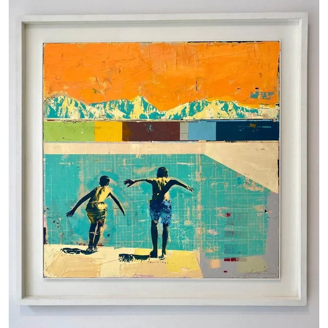 Set against the dramatic silhouette of a cool-toned mountain range, “Divers with Blue Mountain” by British artist Dan...