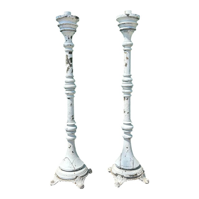 Antique 46-Inch Church Altar Paschal Candlesticks With Cast Iron Bases For Sale