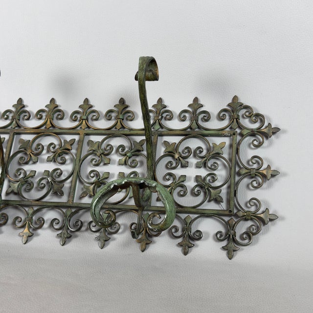 Antique Green Wrought Iron Wall Coat Rack with Floral Decorations, 20th Century For Sale - Image 5 of 11