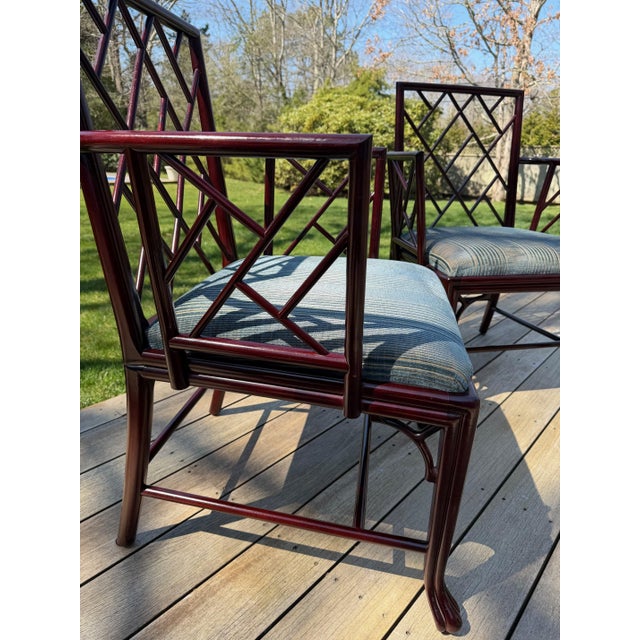 Baker Furniture Company Air of Baker Chinoiserie Lacquered Lounge Chairs With Geometric Lattice Backs & Upholstered Seats For Sale - Image 4 of 18