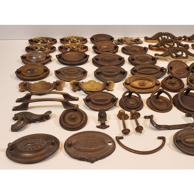 Rococo Antique Decorative Brass Metal Furniture Handles and Knobs (42 Pieces) For Sale - Image 3 of 9