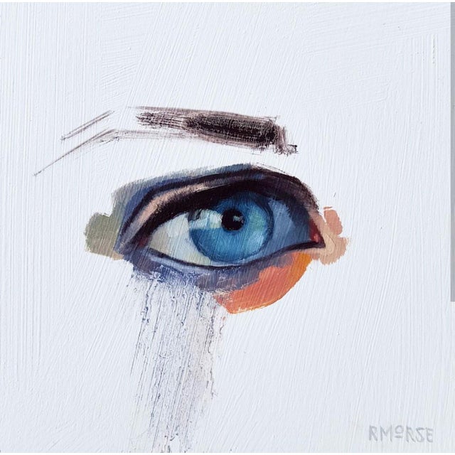 This oil on wood panel artwork presents a strikingly rendered eye, characterized by its vivid blue iris and expressive...