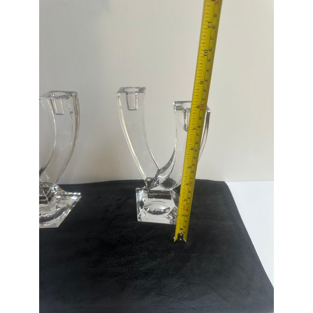 Glass Vintage 1970s Signed Sevres Crystal France MCM Style Double Head Candleholder Set of Two(2) For Sale - Image 7 of 13