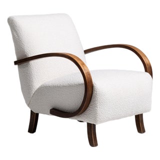 20th Century Czech Republic Warm Ivory Boucle Bentwood-Arm Lounge Chair For Sale