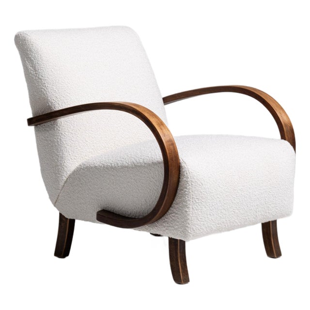 20th Century Czech Republic Warm Ivory Boucle Bentwood-Arm Lounge Chair For Sale
