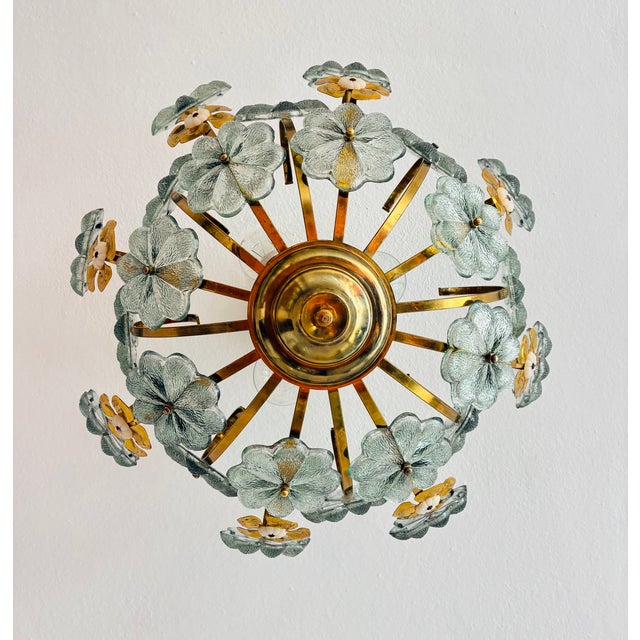 Vintage Water Green Floral Flush Mount Chandelier, Hand-Painted Glass Flower Ceiling Light, Mid-Century Brass Light Fixture - Pair For Sale - Image 14 of 17