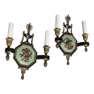 Neoclassical E.F. Caldwell Large C. 1913 Patinated Bronze Sconces - A Pair For Sale