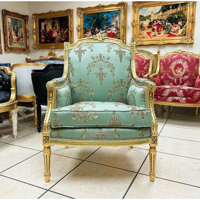 In love with these chairs. Fully refinished and reupholstered using a high end designer damask fabric. Feel like royalty...