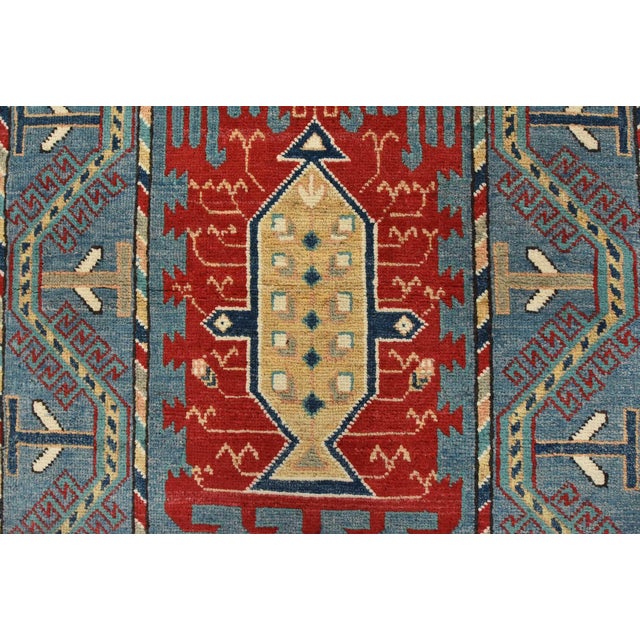 Blue Kazak Runner 2’7” X 9’9” Blue Wool Tribal Hand-Knotted Oriental Rug For Sale - Image 8 of 13