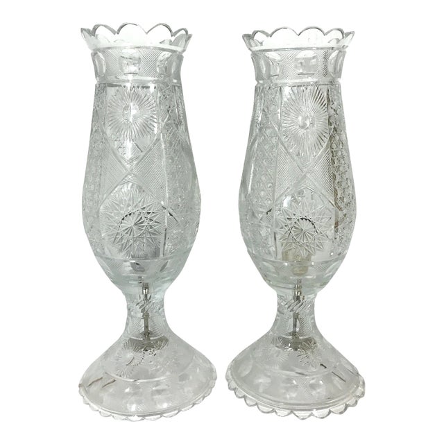 Large ''Star & Moon' Cut Crystal Glass Wired Large Table Lamps / Lanterns - A Pair 19.5" For Sale