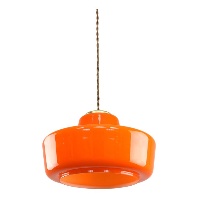 Mid-Century Modern Italian Orange Glass and Brass Pendant Lamp For Sale