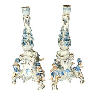 Pair of Late 19th Century Sitzendorf German Hand-Painted Figural Candlesticks, Meissen Style For Sale