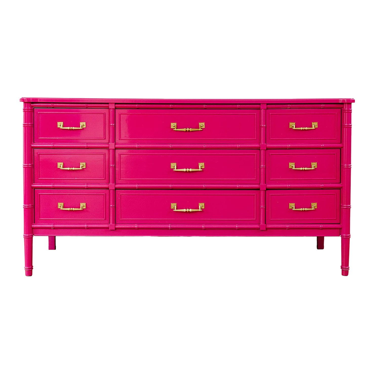 1960s Vintage Henry Link Bali Hai Faux Bamboo 9 Drawer Dresser Professionally Lacquered Peony