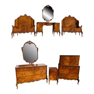 1920s Six Piece Carved French Inlaid Satinwood Bedroom Set With Two Twin Beds For Sale