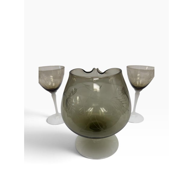 Black Vintage Mid-Century Etched Smoke Glass & White Opaline Stem Cocktail Pitcher Set - 5 Pieces For Sale - Image 8 of 8