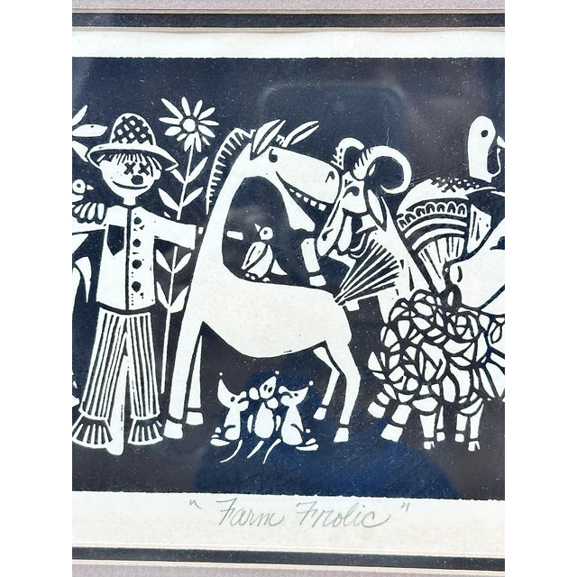Vintage Framed Nursery Art Woodcut Print “Farm Frolic” For Sale - Image 9 of 12