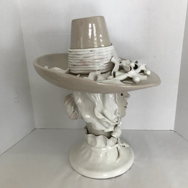Cream Vintage Glazed Pottery Woman Wearing a Hat Sculpture For Sale - Image 8 of 13