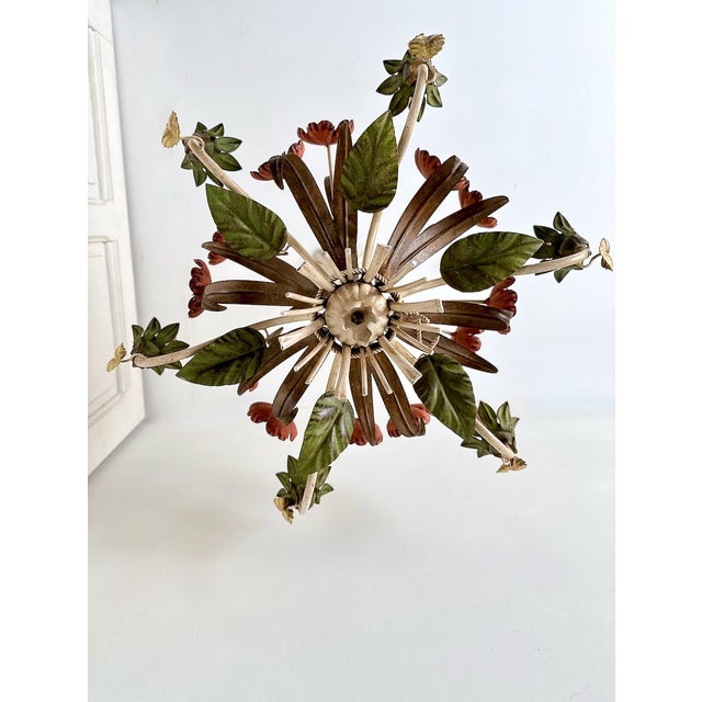 Red Vintage Passeri Florentine Floral Chandelier in Hand-Painted Wrought Iron, Italy, 1960s For Sale - Image 8 of 15