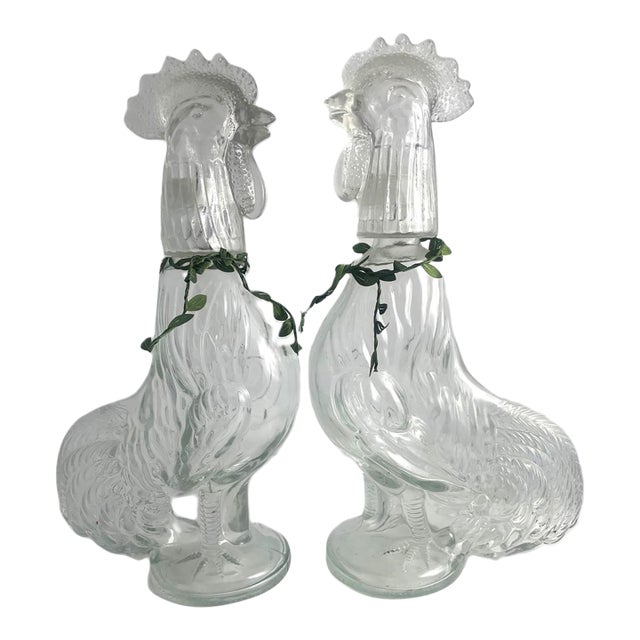 1990s French Glass Rooster Decanters- Set of 2 For Sale