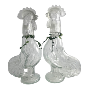 1990s French Glass Rooster Decanters- Set of 2