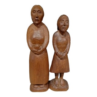 1940s Pair of Early John Rood Oak Wood Figure Sculptures For Sale