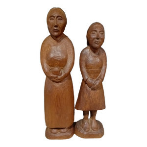 1940s Pair of Early John Rood Oak Wood Figure Sculptures